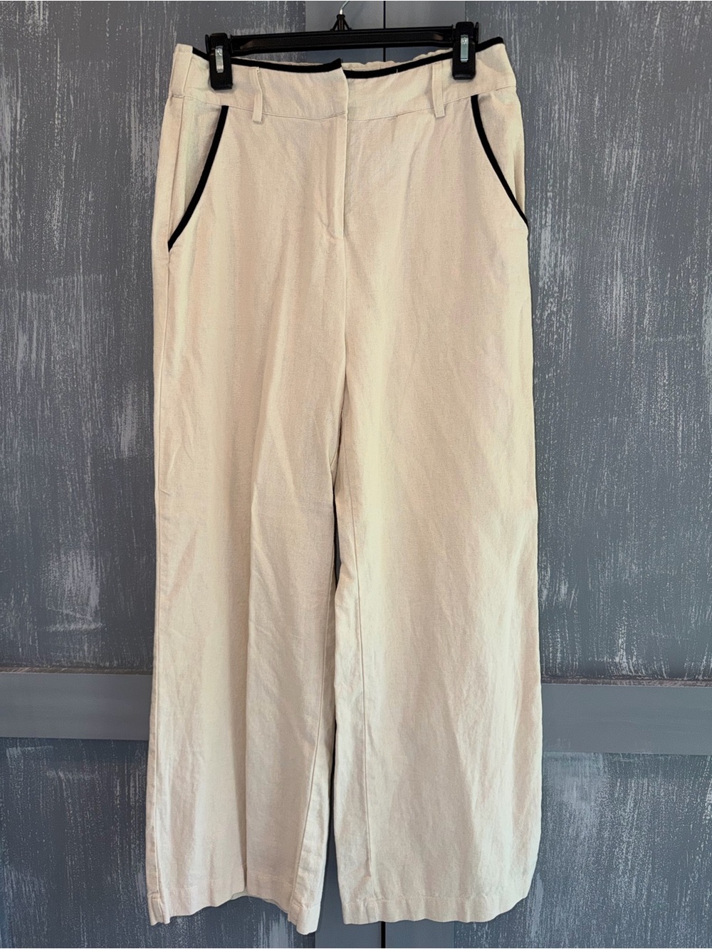Tahari Cream Linen Blend Wide Leg Pants Size M Black Trim - Picture 2 of 8